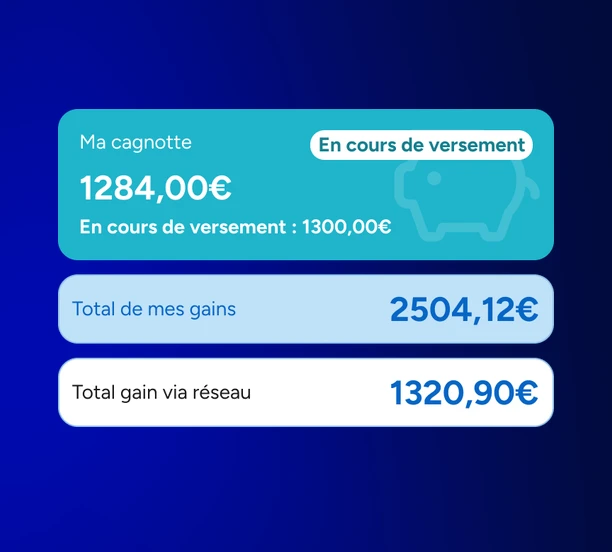 Cagnotte affichant le solde et le total des gains
