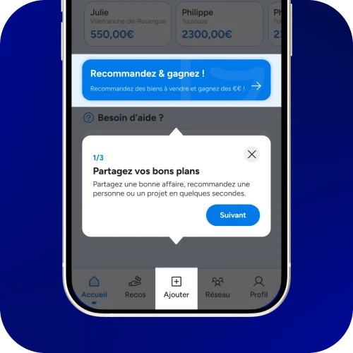 Écran de recommandations et bulle d’onboarding