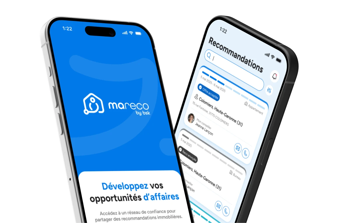 Deux écrans de l’application mareco : accueil et liste des recommandations
