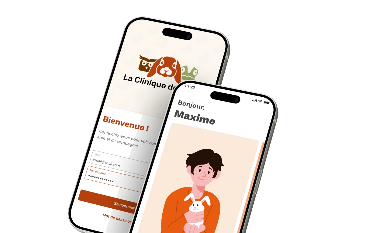 Deux écrans de l’application mobile de la Clinique des NAC : connexion et accueil