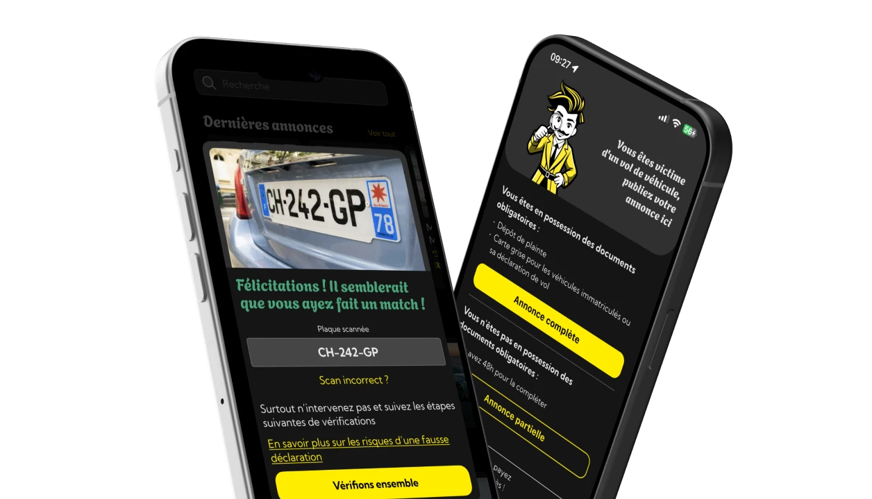 Deux écrans de l’application LAMP : annonces et signalement