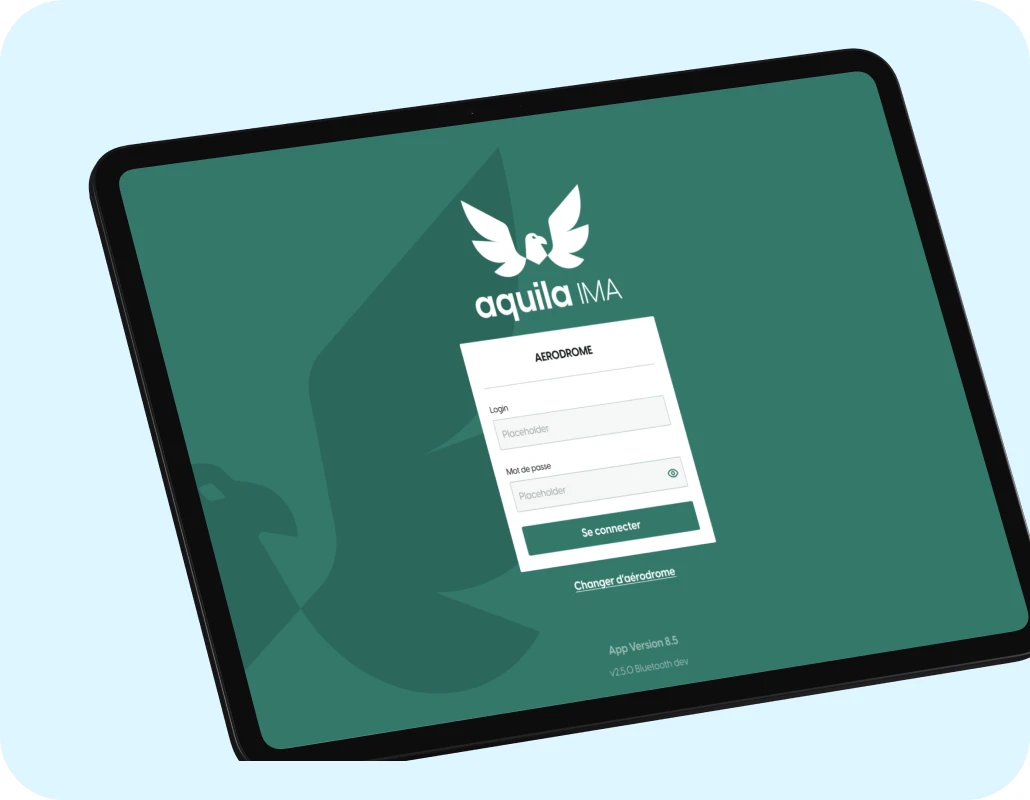 L’écran de connexion d’Aquila IMA sur une tablette